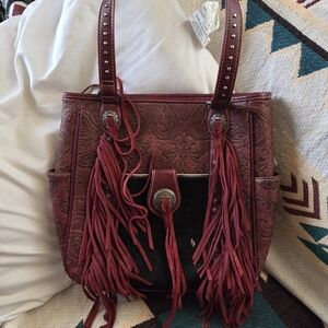 Fringed Leather Tote Bag - Red